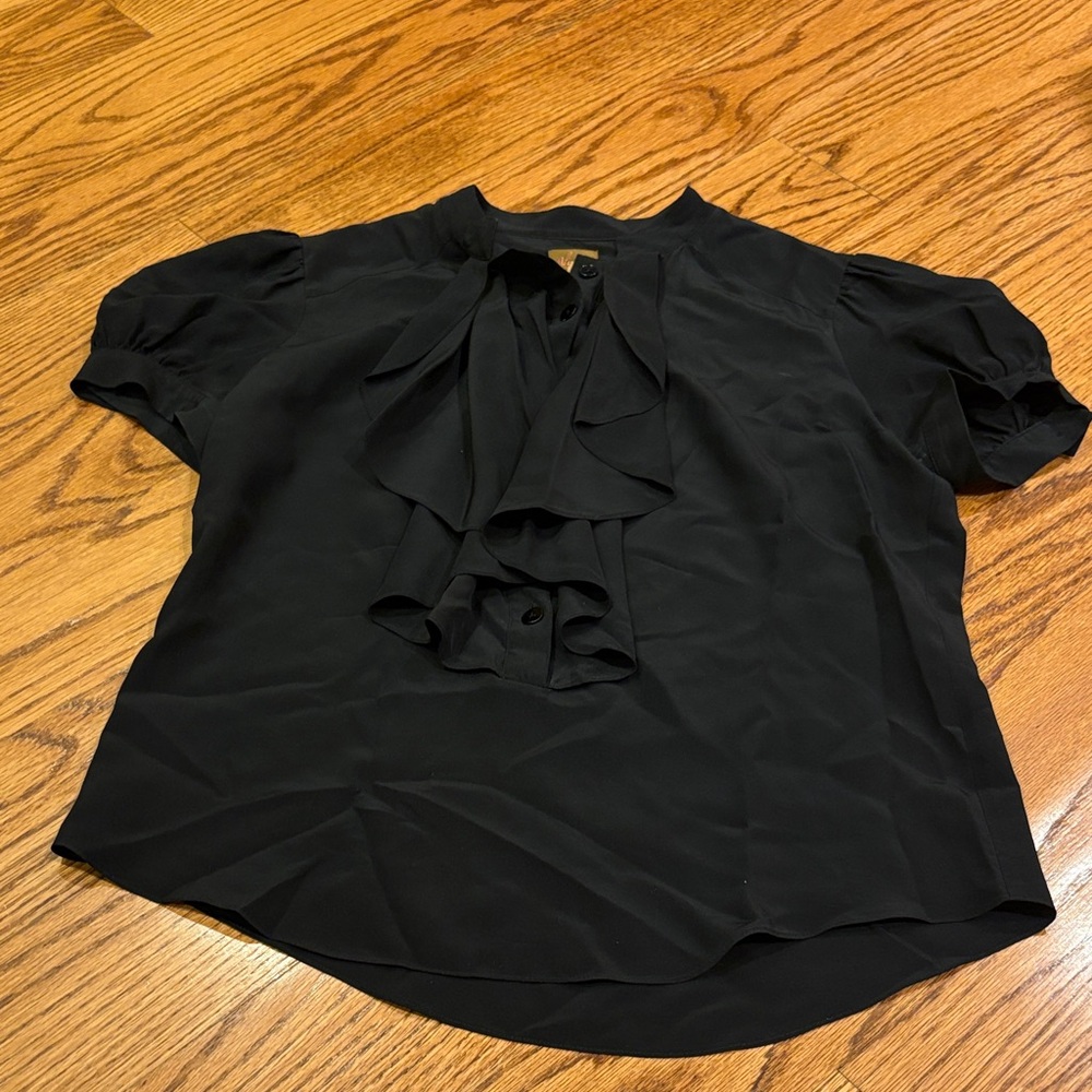 Ali Ro Women's Black Ruffle Button Silk Top Size S